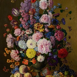 Пазл: Пестрый букет и фрукты