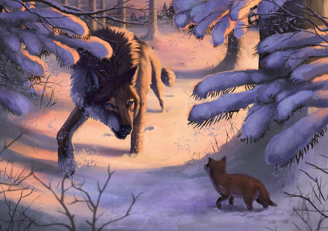 Лиса и волк зимой