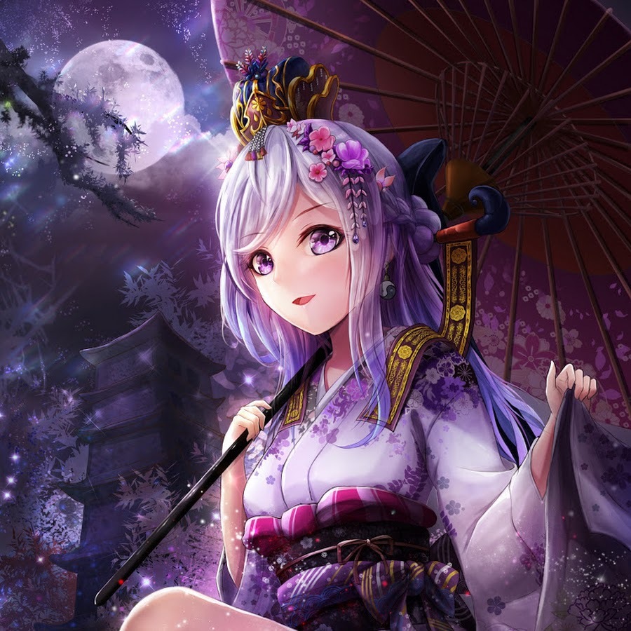 Аниме девушка с фиолетовыми волосами в кимоно арт
