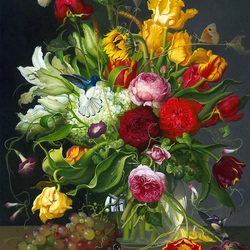 Пазл: Букет цветов и колибри