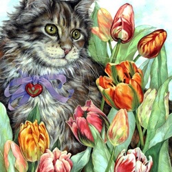 Пазл: Котик в тюльпанах