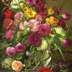 Пазл: Букет цветов с попугаями