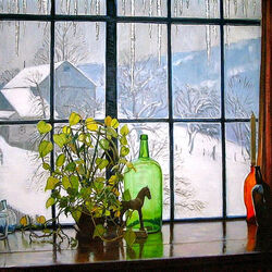 Пазл: Зеленая бутылка на окне