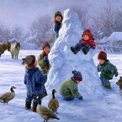 Пазл: Дети и снежный Дед Мороз