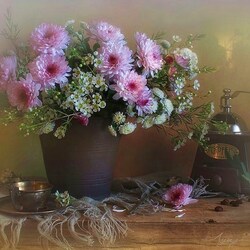 Пазл: Цветы и кофе