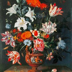 Пазл: Тюльпаны и лилии в терракотовой вазе