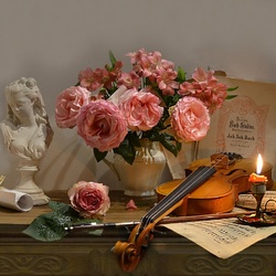 Пазл: Скрипка, ноты и роза