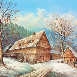 Пазл: Старая мельница зимой