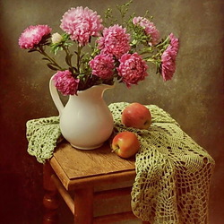 Пазл: Натюрморт с хризантемами и яблоками