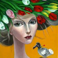Пазл: Портрет девушки с тюльпанами и птичкой