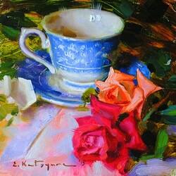 Пазл: Голубая чашка и розы