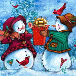 Пазл: Снеговики с подарками