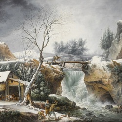 Пазл: Зимний пейзаж с водопадом