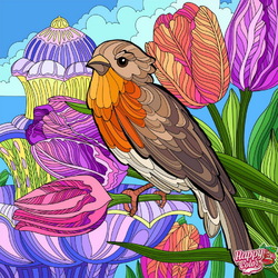 Пазл: Тюльпаны и птица
