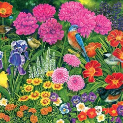 Пазл: Птицы в цветущем саду