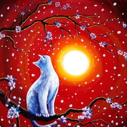 Пазл: Белая кошка в ярком закате