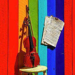 Пазл: Скрипка у разноцветного забора