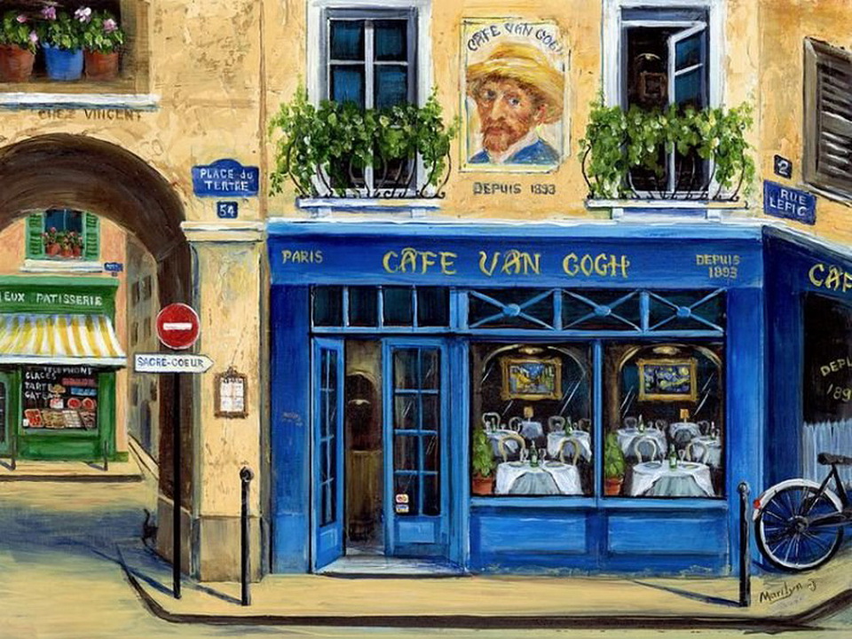 Витрины картины. Париж кафе Ван Гога. Картина кафе в Париже Ван Гог. Кафе Монмартр картина Ван Гога. Картина Ван Гога кафе на улице.