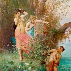 Пазл: Две нимфы с удочкой обнаруживают фавна