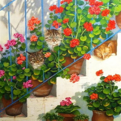Пазл: Кошки на лестнице