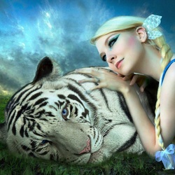 Пазл: Белый тигр и девушка 