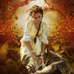 Пазл: Девушка с волком в осеннем лесу