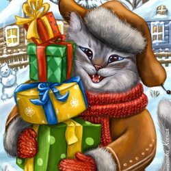 Пазл: Новогодний кот с подарками 