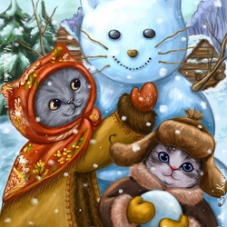 Пазл: Котята лепят снеговика 