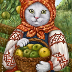 Пазл: Кошка с яблоками 