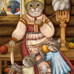 Пазл: Кошка с прялкой и котятами 