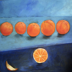 Пазл: Шесть апельсинов на синем столе