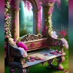 Пазл: Скамейка в цветах