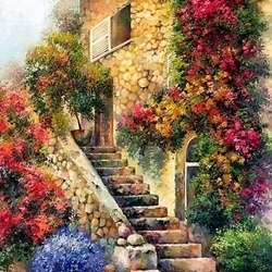 Пазл: Цветы вдоль лестницы
