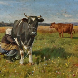 Пазл: Доение коров летним днем