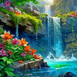 Пазл: Цветы у водопада