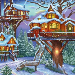 Пазл: Зимние домики на деревьях