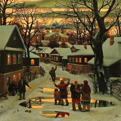 Пазл: Зимний вечер в деревне