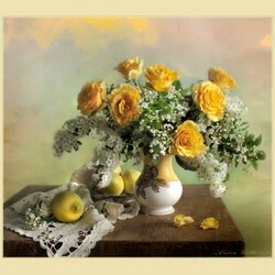 Пазл: Натюрморт с желтыми розами