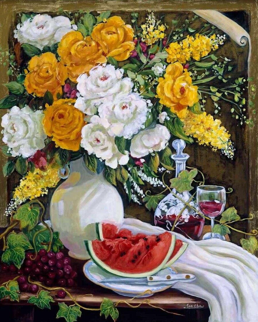 картины с фруктами и цветами.