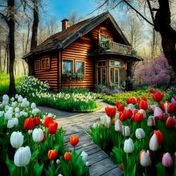 Пазл: Дачный домик с тюльпанами