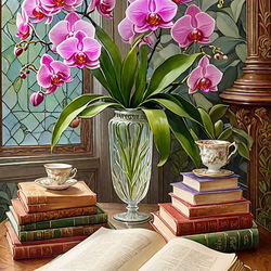 Пазл: Натюрморт с орхидеями и книгами