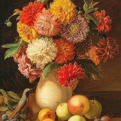 Пазл: Букет георгин и фрукты 