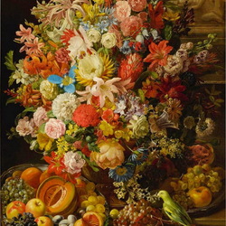 Пазл: Букет цветов и фрукты 