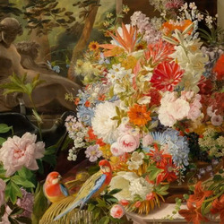 Пазл: Букет цветов и попугаи