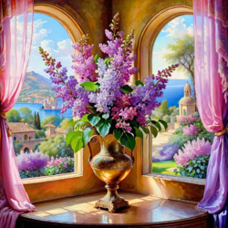 Пазл: Букет сирени на веранде