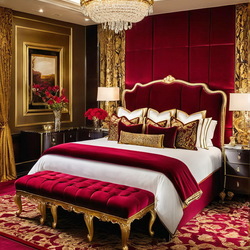 Пазл: Спальня в рубиновых и золотых тонах 