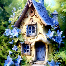 Пазл: Домик с синими клематисами