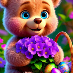 Пазл: Медвежонок с фиалками и пасхальной корзинкой