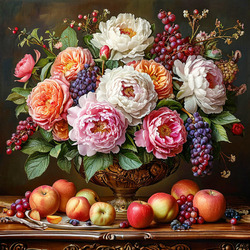 Пазл: Букет роз и фрукты