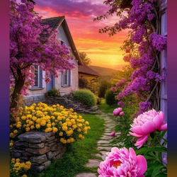 Пазл: Пионы у дорожки